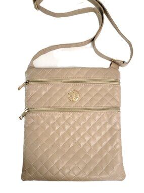 Avenue 9 Quilted Crossbody Bag Beige Tan Faux Leather Multi-Zip Gold Tone Logo